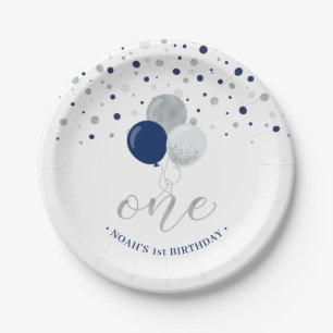 Silver & Blue Confetti Balloons 1st Birthday Party Paper Plate