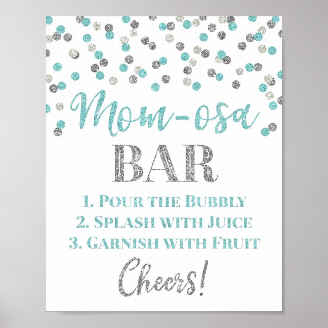 Silver Blue Confetti Mum-osa Bar Sign Baby Shower (Front)