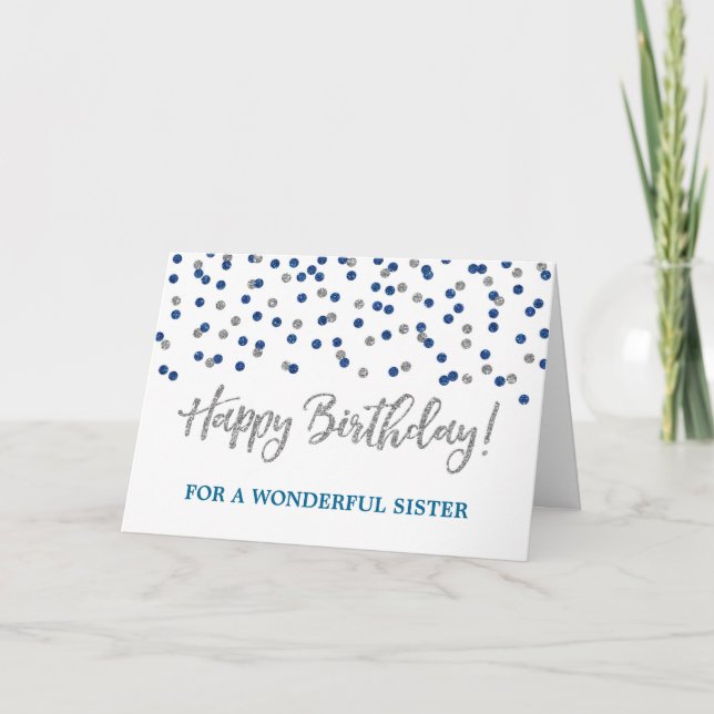 Silver Blue Confetti Sister Birthday Card (Front)