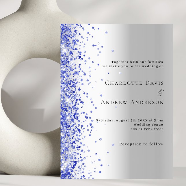 Silver blue confetti wedding invitation (Creator Uploaded)