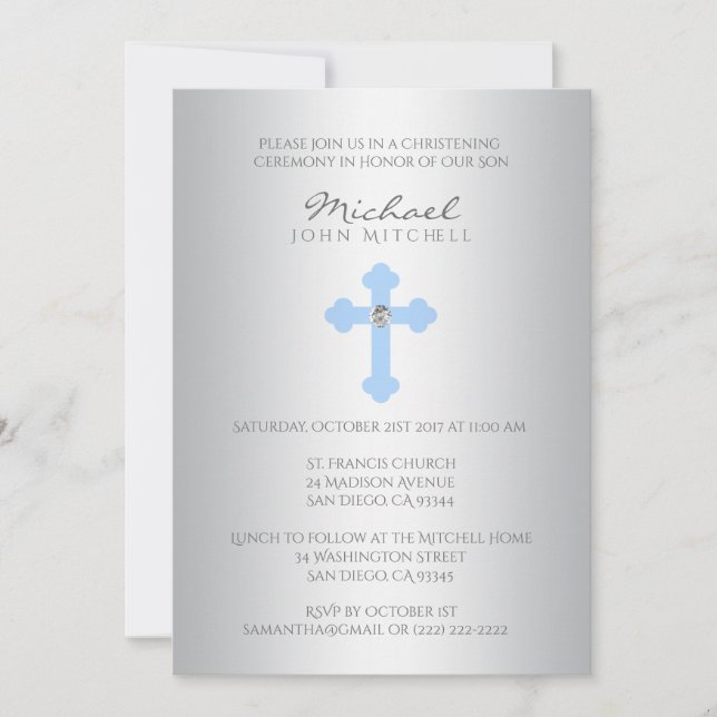 Silver Blue Cross Christening / Baptism Boy Invite (Front)