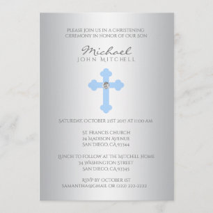 Silver Blue Cross Christening / Baptism Boy Invite
