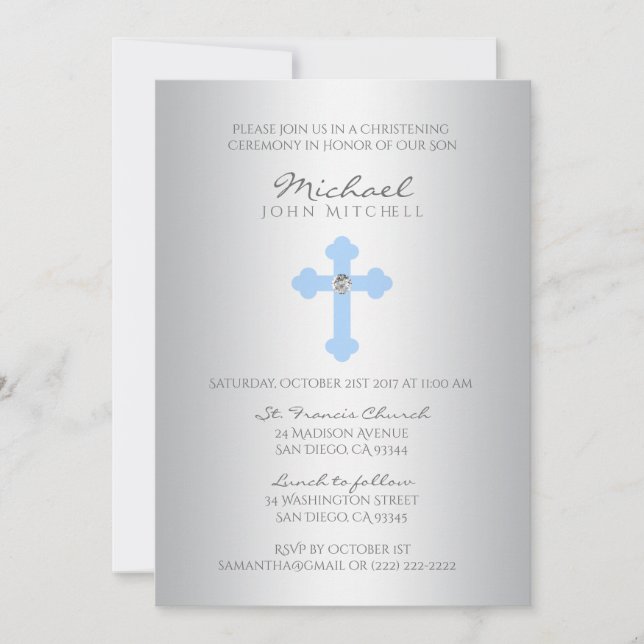 Silver Blue Cross Christening / Baptism Boy PHOTO Invitation (Front)