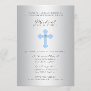 Silver Blue Cross Christening / Baptism Boy PHOTO Invitation