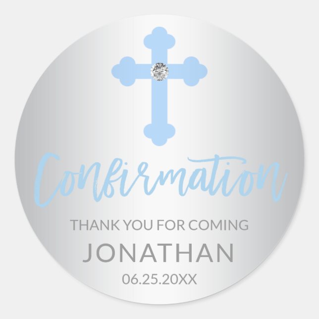 Silver Blue Cross CONFIRMATION Boy Thank You Classic Round Sticker (Front)