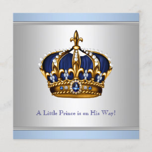 Silver Blue Crown Prince Baby Boy Shower Invitation