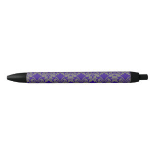 Silver Blue Damask Bows Black Ink Pen
