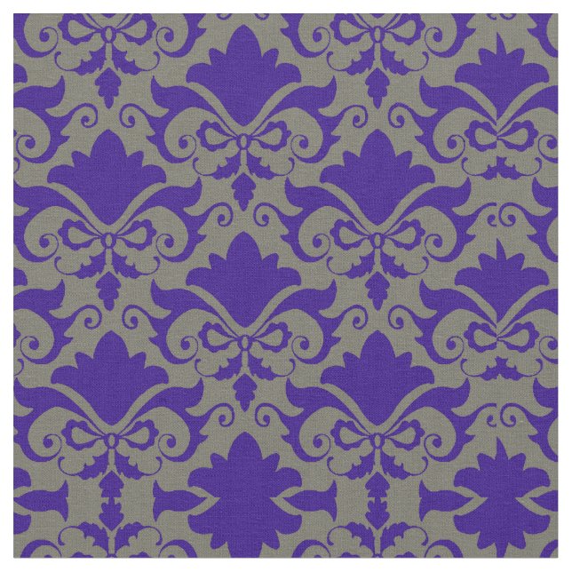 Silver Blue Damask Bows Fabric (Close Up)