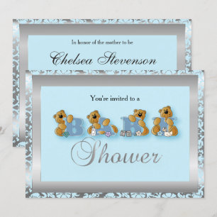 Silver & Blue Damask Teddy Bears   Baby Shower Invitation