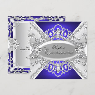 Silver & Blue Diamond Damask Quinceanera Invite