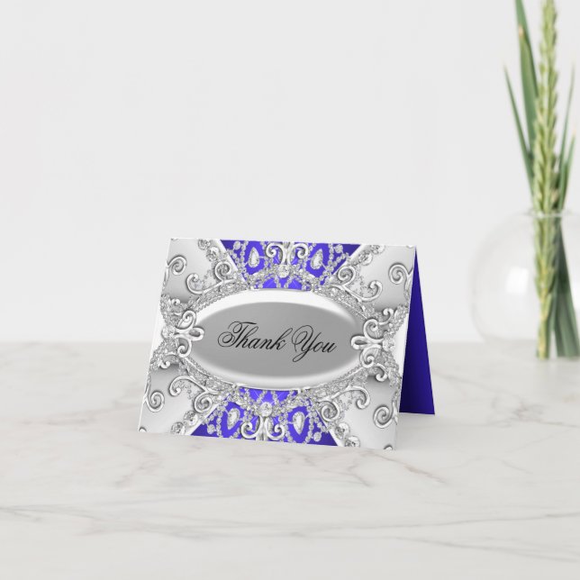 Silver & Blue Diamond Damask Thank You Card (Front)