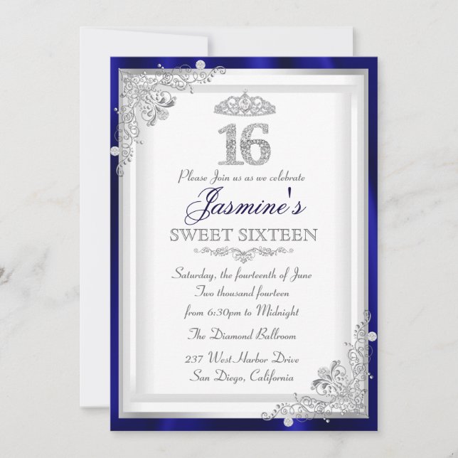 Silver Blue Diamond Damask & Tiara Sweet 16 Invite (Front)