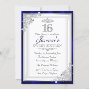 Silver Blue Diamond Damask & Tiara Sweet 16 Invite