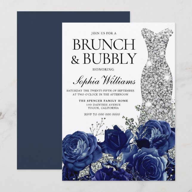 Silver Blue Dress Brunch & Bubbly Bridal Shower Invitation (Front/Back)
