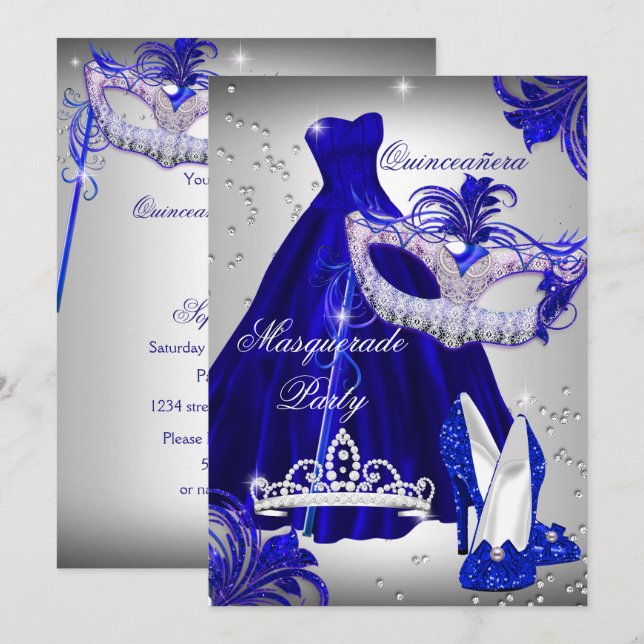 Silver & Blue Dress masquerade Quinceanera Invite (Front/Back)