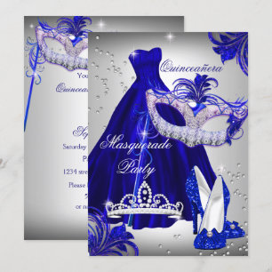 Silver & Blue Dress masquerade Quinceanera Invite