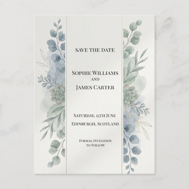 Silver Blue Eucalyptus Save The Date Postcard (Front)