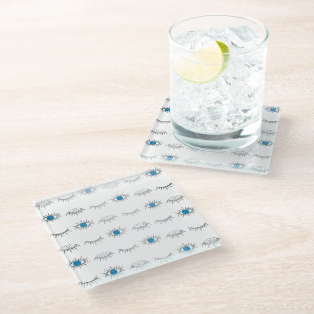 Silver Blue Evil Eye Eyelashes Nazar Mati Pattern  Glass Coaster (Angled)