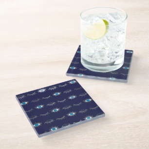 Silver Blue Evil Eye Eyelashes Nazar Mati Pattern Glass Coaster