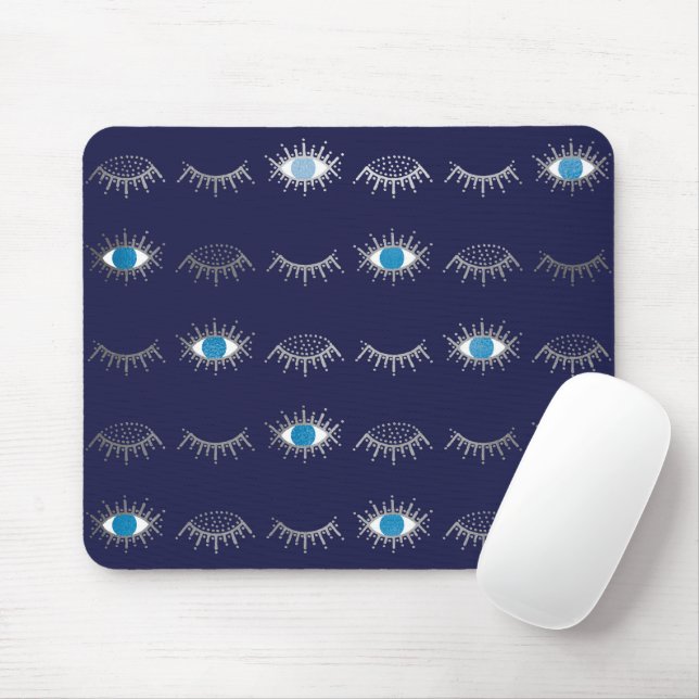 Silver Blue Evil Eye Eyelashes Nazar Mati Pattern Mouse Mat (With Mouse)