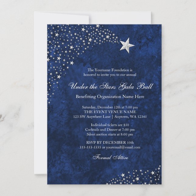 Silver Blue Falling Stars Gala Ball Invitations (Front)