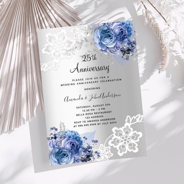 Silver blue floral 25th wedding anniversary luxury invitation (Creator Uploaded)