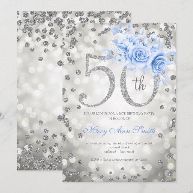 Silver Blue Floral 50th Birthday Glam Lights  Invitation (Front/Back)
