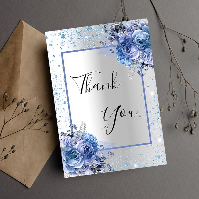 Silver blue floral glitter elegant glamourous thank you card (Creator Uploaded)