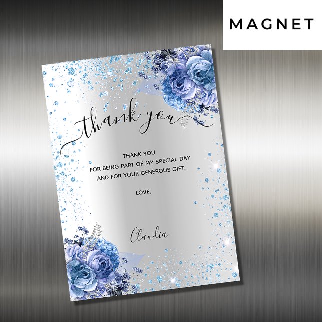 Silver blue floral glitter thank you magnet card (Creator Uploaded)