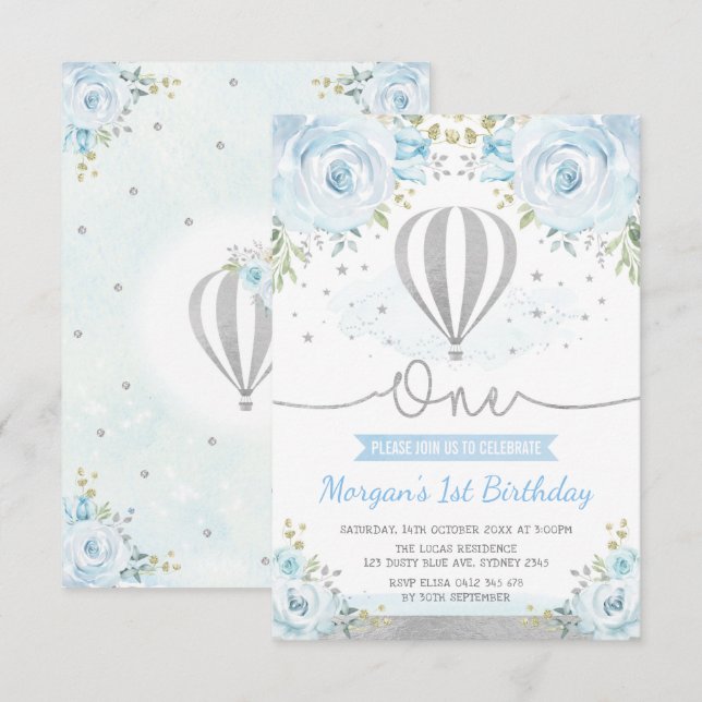 Silver Blue Floral Hot Air Balloon 1st Birthday Invitation (Front/Back)