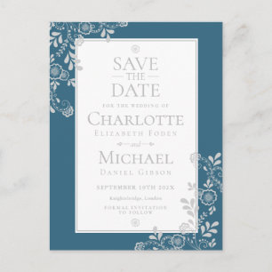 Silver Blue Floral Lace Save the Date Announcement Postcard