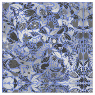 Silver Blue Floral Leaves Illustration Pattern Fabric