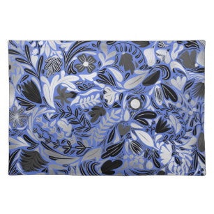 Silver Blue Floral Leaves Illustration Pattern Placemat