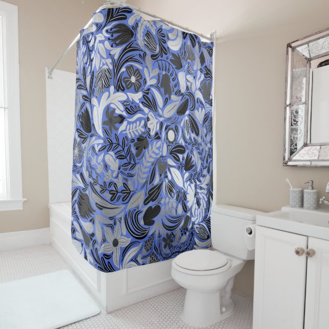 Silver Blue Floral Leaves Illustration Pattern Shower Curtain (In Situ)