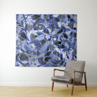 Silver Blue Floral Leaves Illustration Pattern