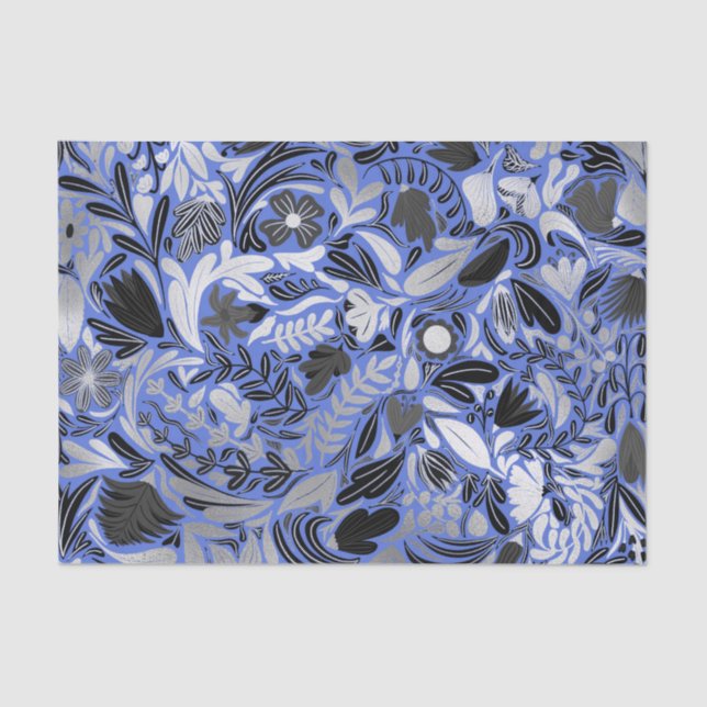 Silver Blue Floral Leaves Illustration Pattern Tissue Paper (Front)