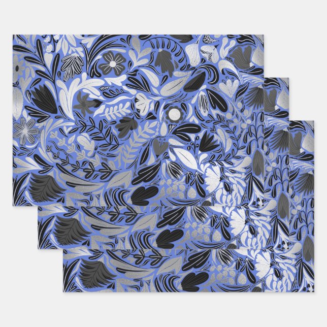 Silver Blue Floral Leaves Illustration Pattern Wrapping Paper Sheet (Set)