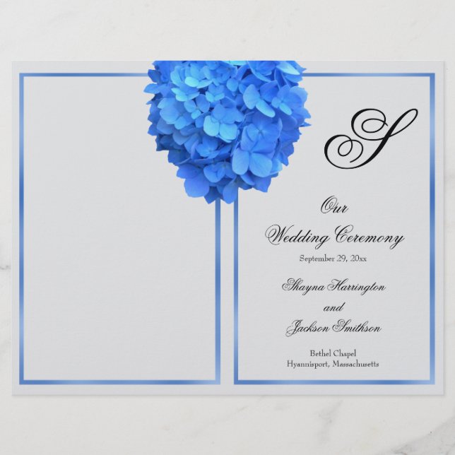 Silver Blue Floral Monogram Wedding Program Cover (Front)