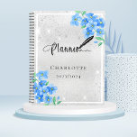 Silver blue floral name appointment 2025 planner<br><div class="desc">A faux silver looking background,  with blue forget-me-not florals,  flowers. Faux glitter dust. Personalise and add a year,  name and title.</div>