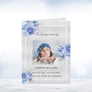 Silver blue floral photo elegant funeral program thank you card
