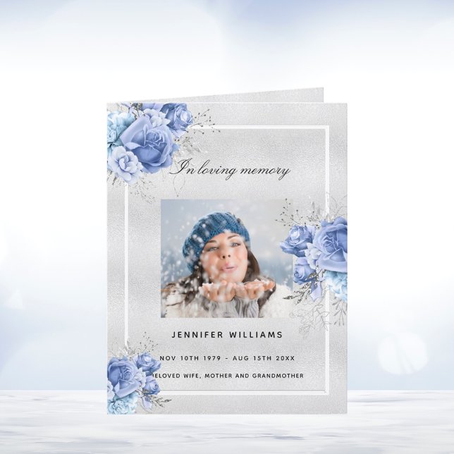 Silver blue floral photo elegant funeral program thank you card (Creator Uploaded)