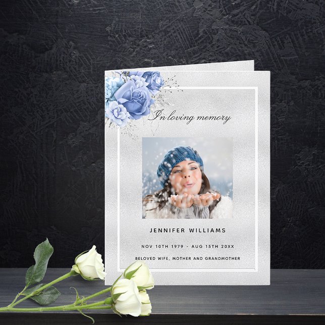 Silver blue floral photo elegant funeral program thank you card (Creator Uploaded)