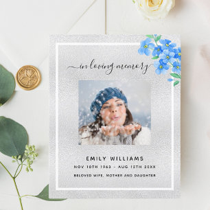Silver blue floral photo funeral program