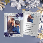 Silver blue floral photo Save the Date wedding Flyer<br><div class="desc">Please note that this Save the date is on flyer paper and very thin. Envelopes are not included. For thicker Save the Date card (same design) please visit our store. Faux silver looking background, decorated with navy blue and light blue florals, flowers and faux silver glitter, sparkles. Personalise and add...</div>