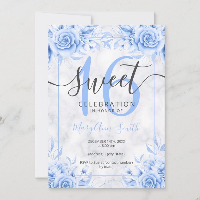 Silver Blue Floral Sweet 16 Marble Glitter  Invitation (Front)