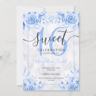 Silver Blue Floral Sweet 16 Marble Glitter  Invitation
