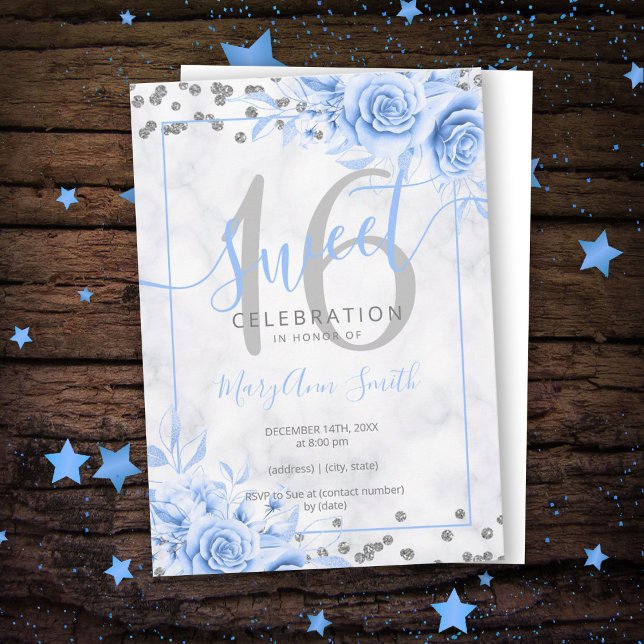 Silver Blue Floral Sweet 16 Marble Glitter Invitation (Creator Uploaded)