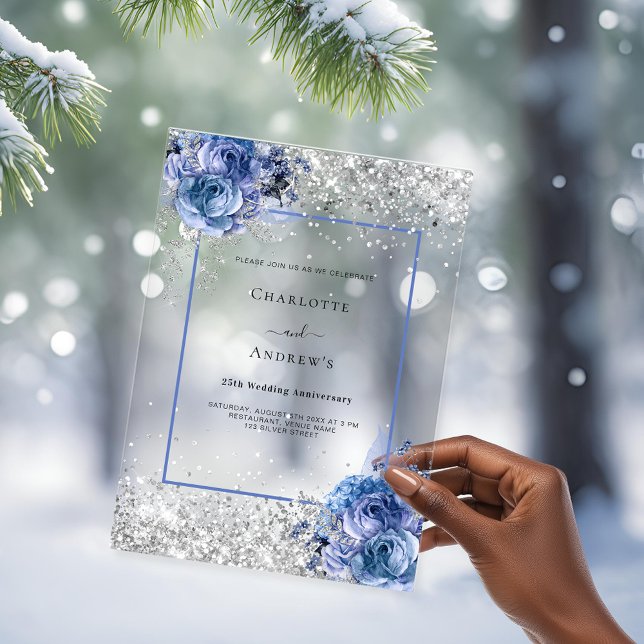 Silver blue florals 25th wedding anniversary clear acrylic invitations (Creator Uploaded)