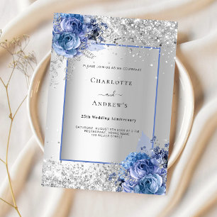 Silver blue florals 25th wedding anniversary invitation