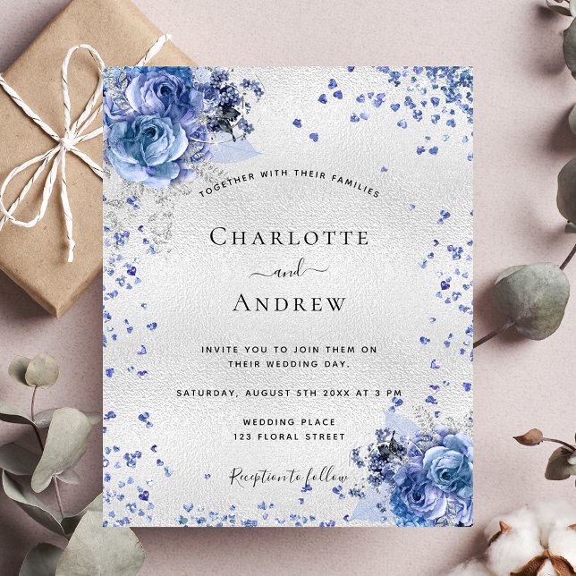 Silver blue florals budget wedding invitation flyer (Creator Uploaded)